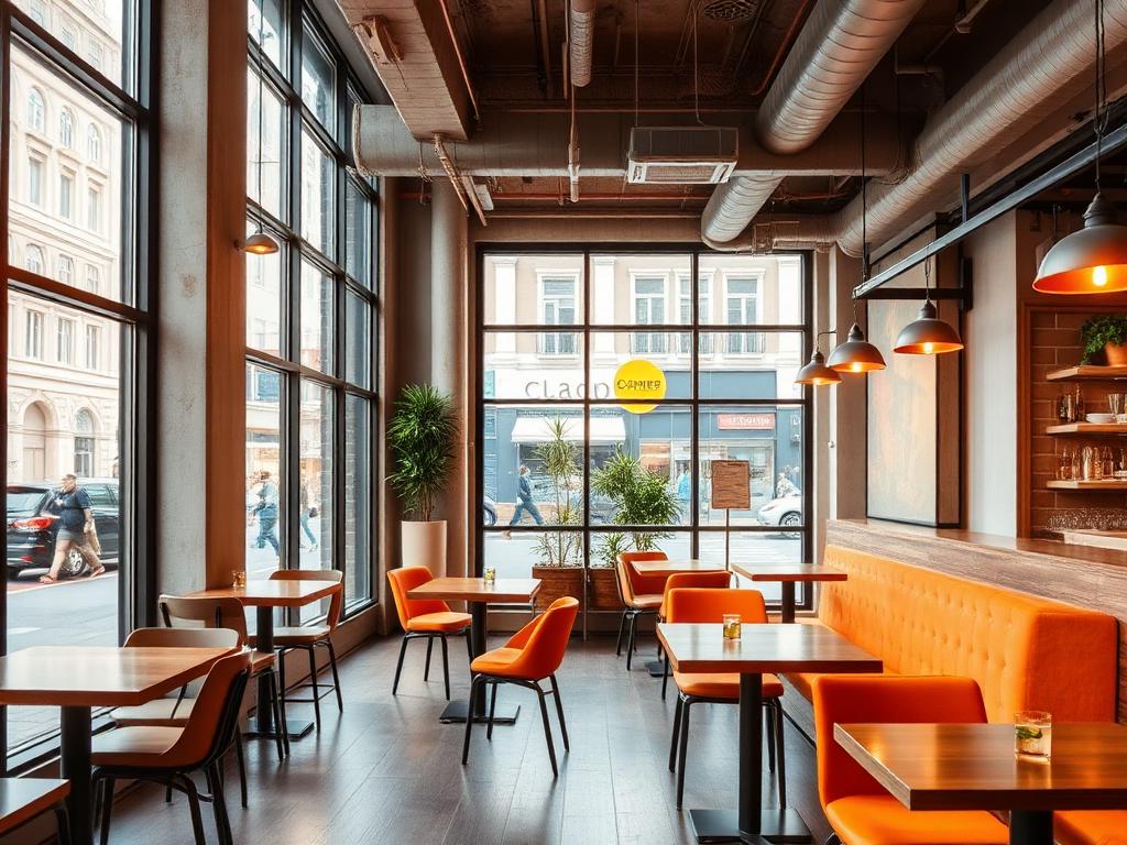 Interior cafe modern menghadap pedestrian kawasan komersial