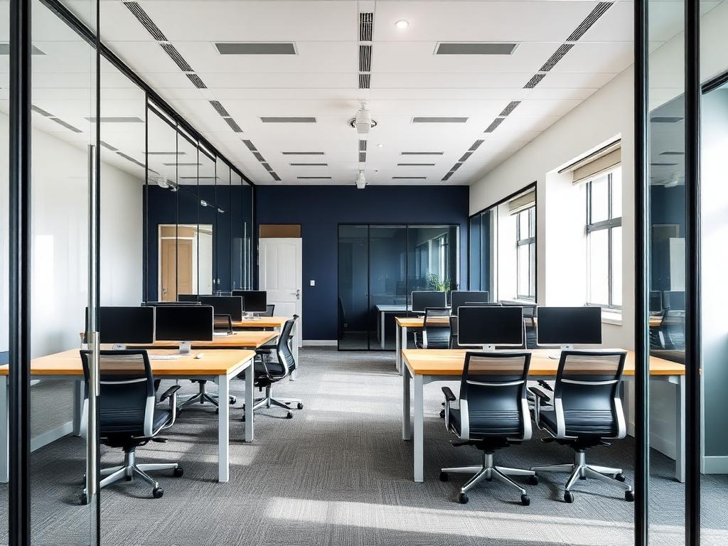 Interior kantor modern dengan partisi kaca dan aksen dinding navy