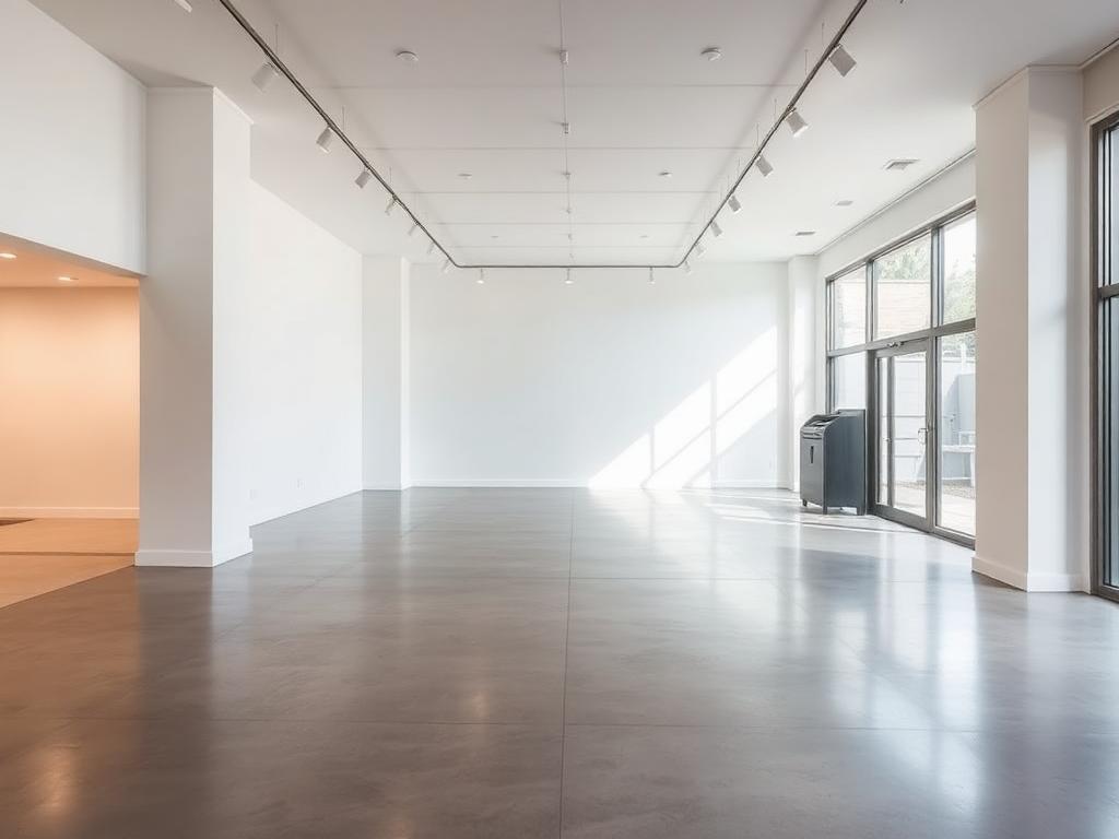 Interior retail space kosong dengan lantai beton poles dan pencahayaan track